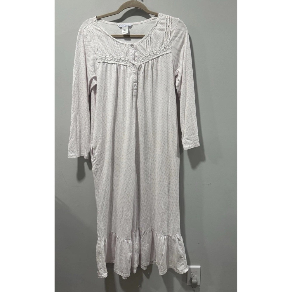 Cuddledown Nightgown Womens S Polka Dot Embroidered Pink White Long Sleeves Pima